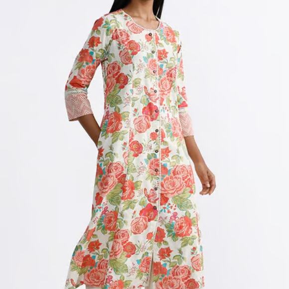 Utsa Women's Westside Floral Printed Kurta Medium Orange Cottagcore Tunic Dress - Picture 1 of 16